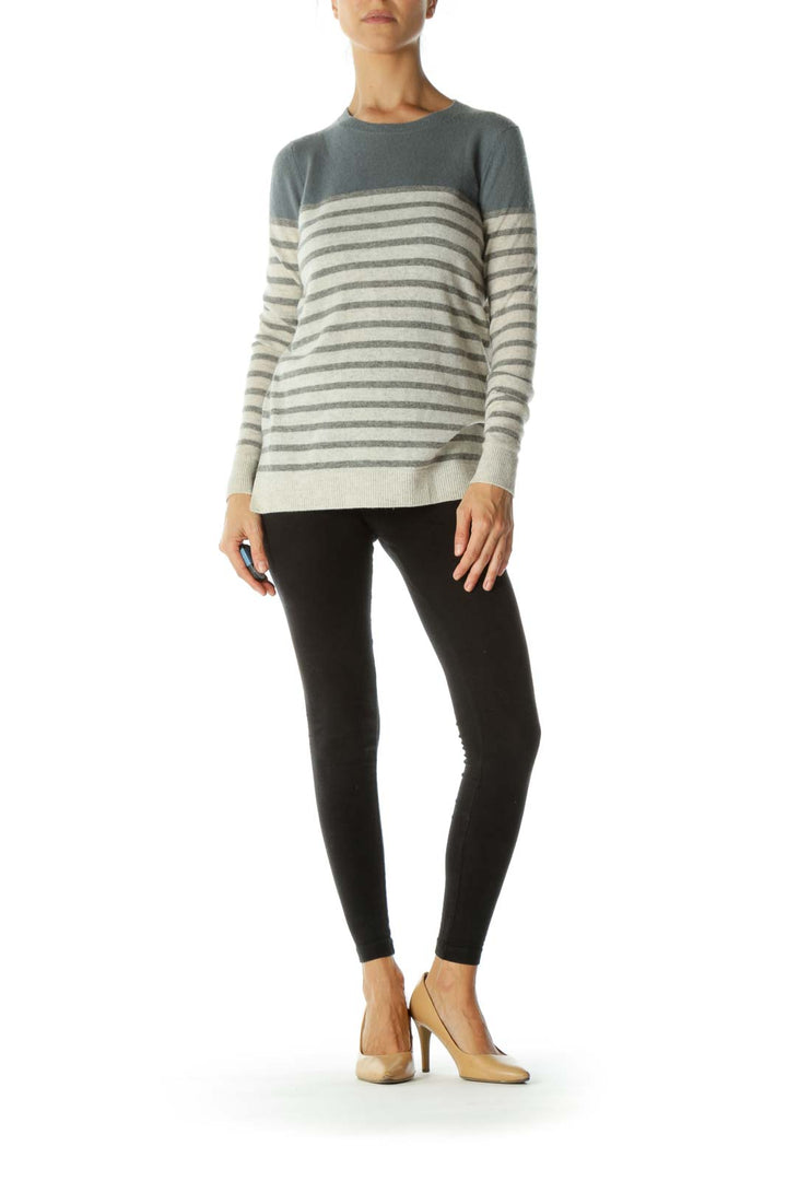 Gray and Cream Cashmere Striped Long Sleeve