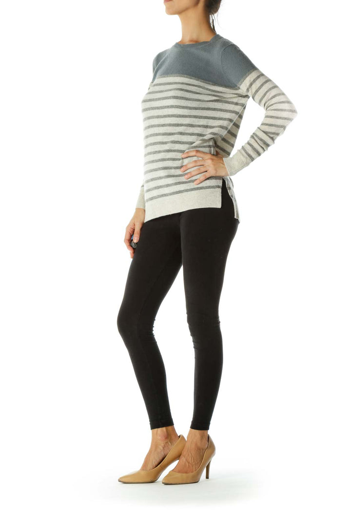 Gray and Cream Cashmere Striped Long Sleeve