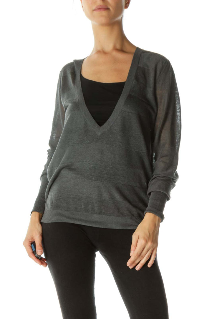 Gray V-Neck Knit Sweater