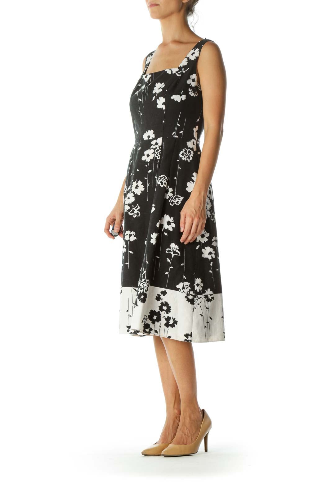 Black White Square Neck Floral Print Cotton Blend Knit Textured Dress