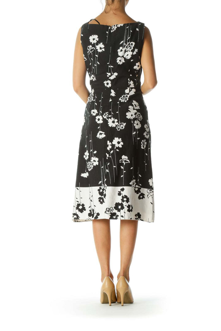 Black White Square Neck Floral Print Cotton Blend Knit Textured Dress