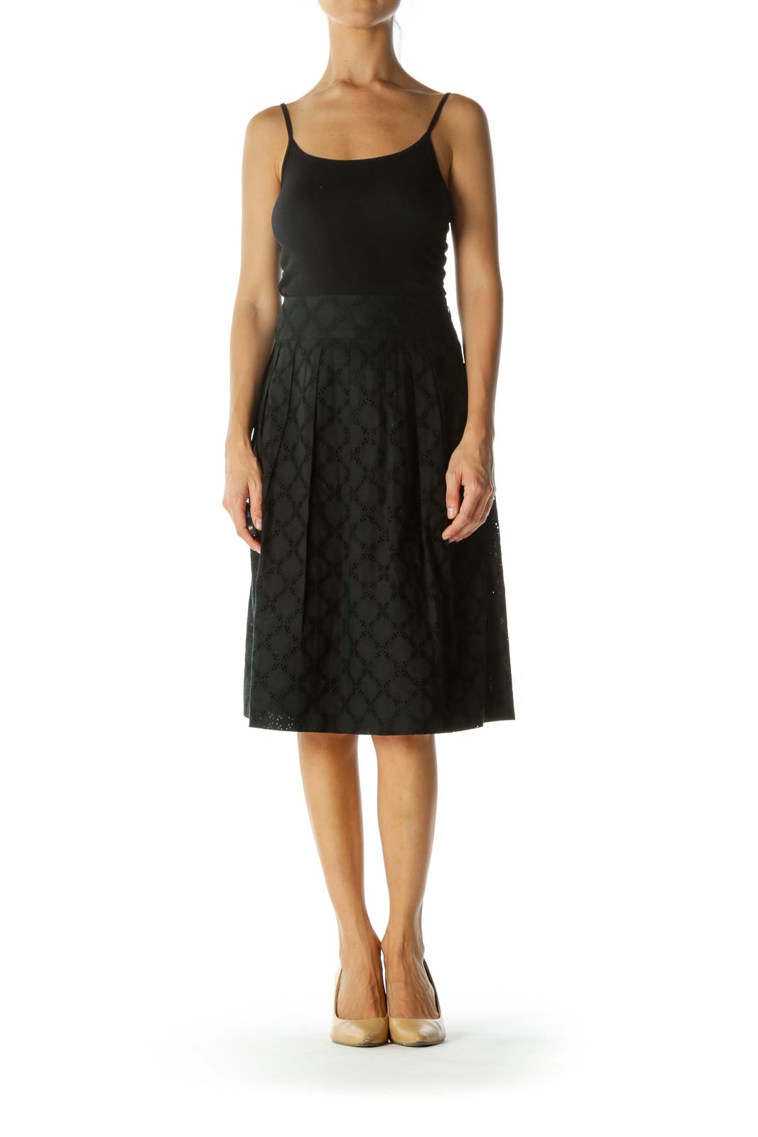 Black 100% Cotton Lace Pleated Flared Skirt