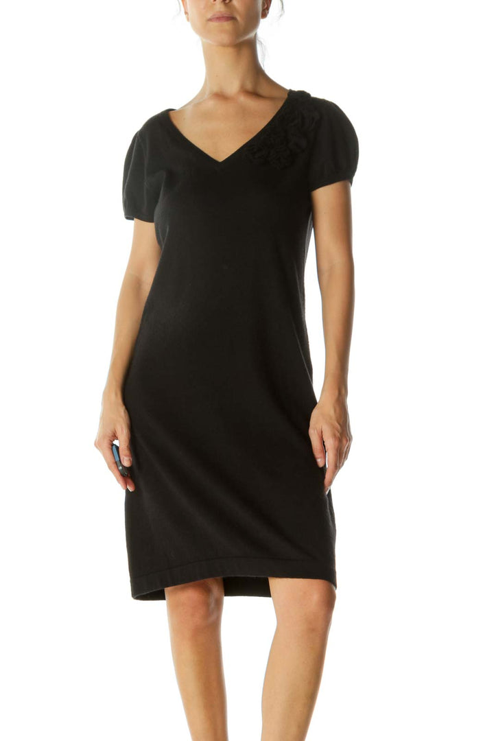 Black Merino Wool Blend V-Neck Flower Applique Knit Stretch Dress