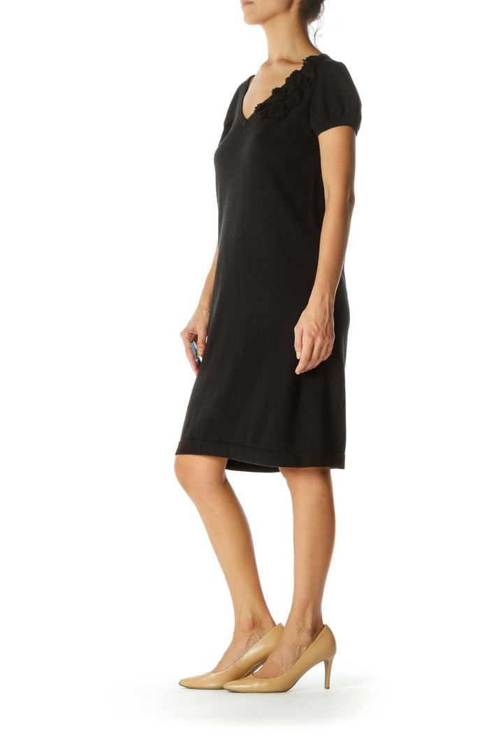 Black Merino Wool Blend V-Neck Flower Applique Knit Stretch Dress