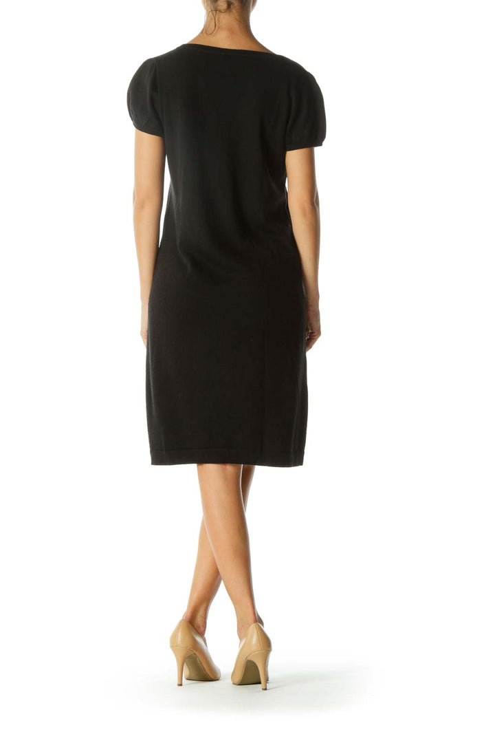 Black Merino Wool Blend V-Neck Flower Applique Knit Stretch Dress