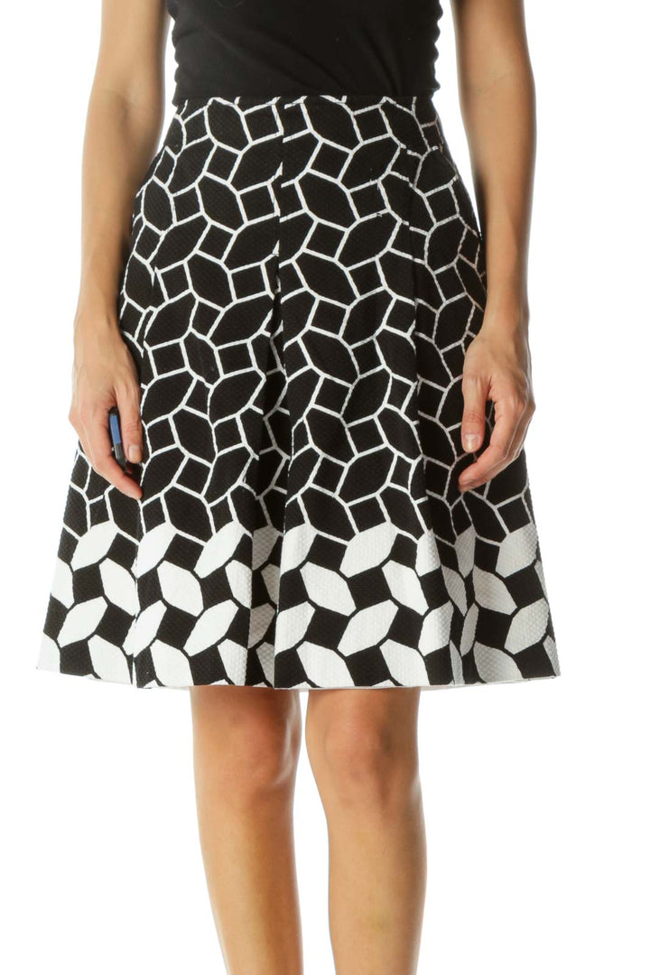 Black White 100% Cotton Pleated Pocketed Print Flared Skirt