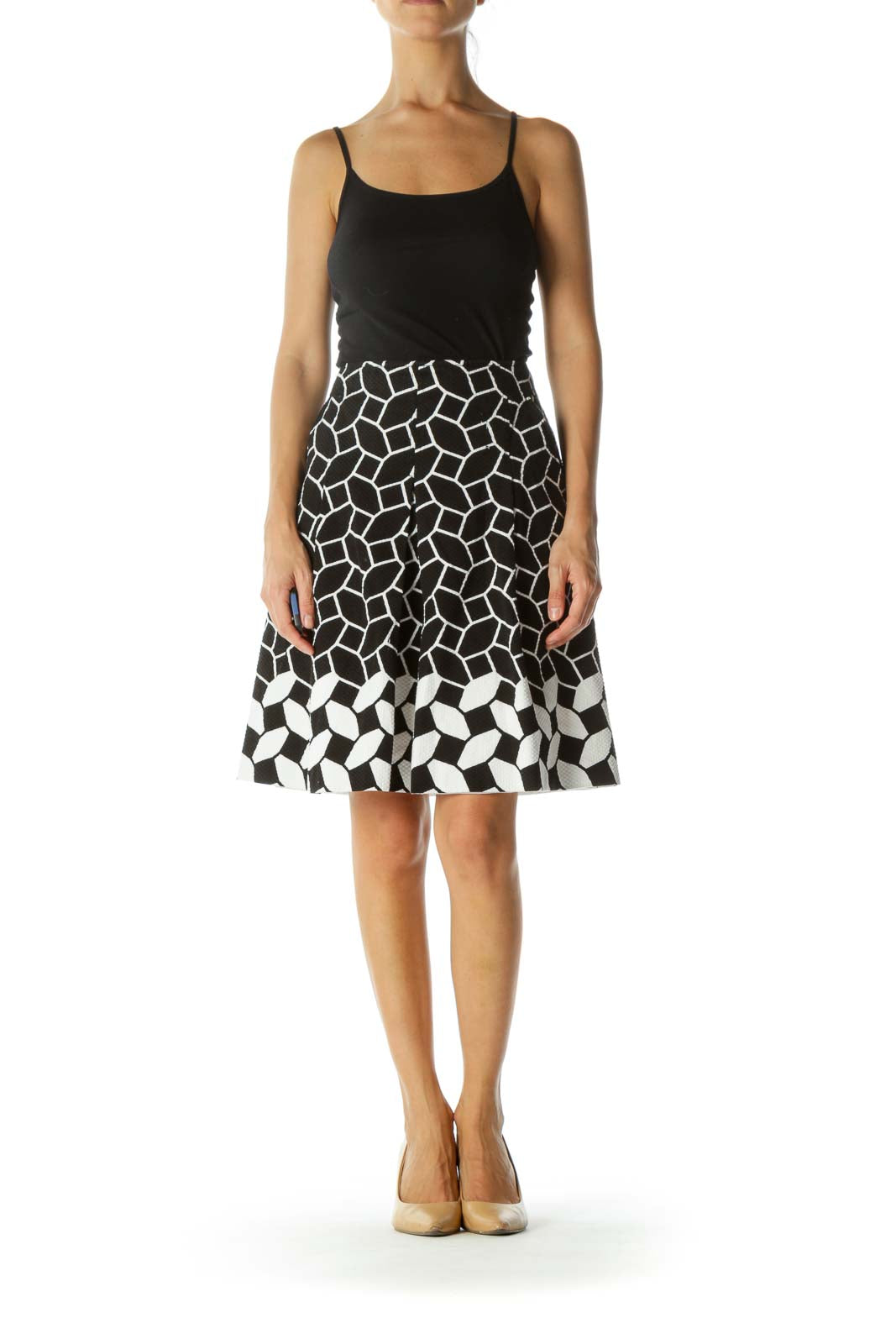 Black White 100% Cotton Pleated Pocketed Print Flared Skirt