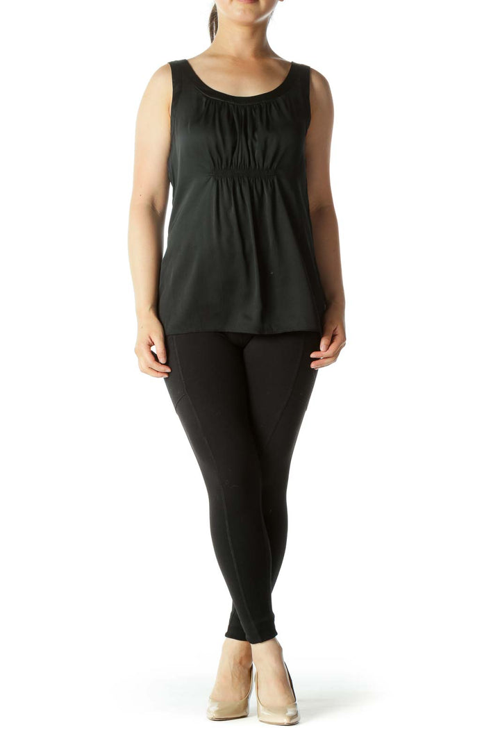 Black Silk Blend Round Neck Scrunch Front Detail Tank Top