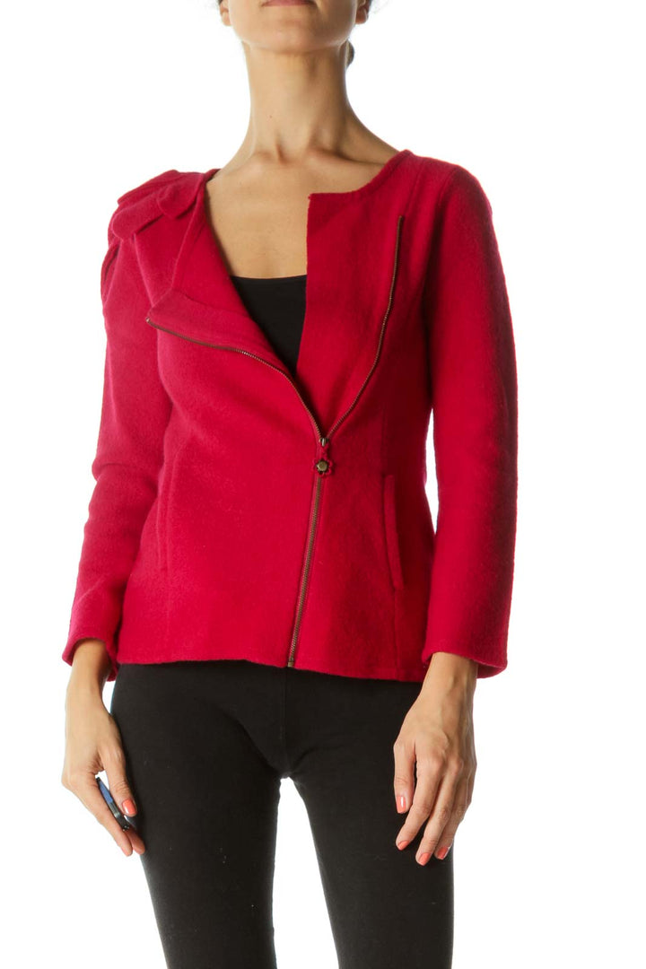 Red Side Zip Jacket with Flower Shoulder