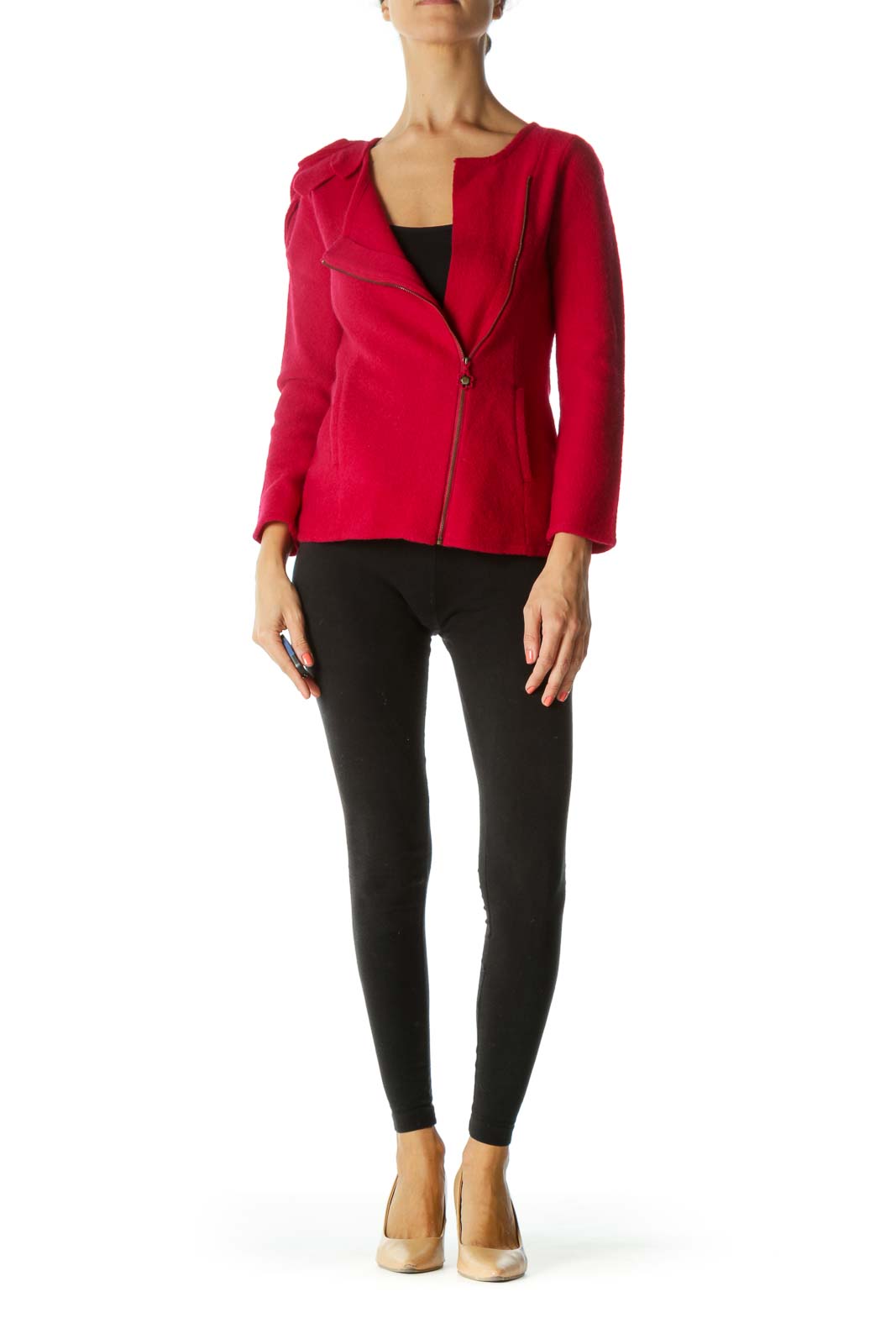 Red Side Zip Jacket with Flower Shoulder