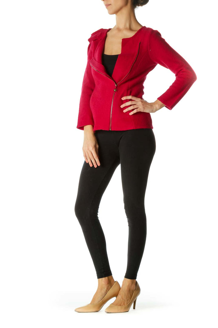 Red Side Zip Jacket with Flower Shoulder