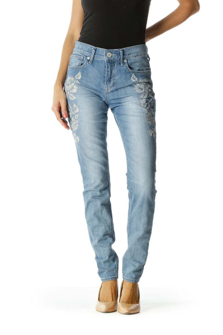 Blue Light-Wash Floral Embroidered Jeans