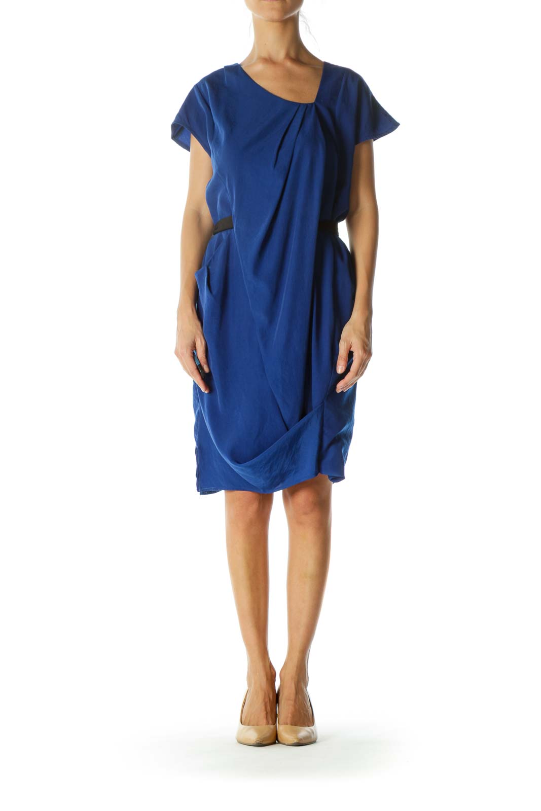 Blue Asymmetric Waist Tie Day Dress