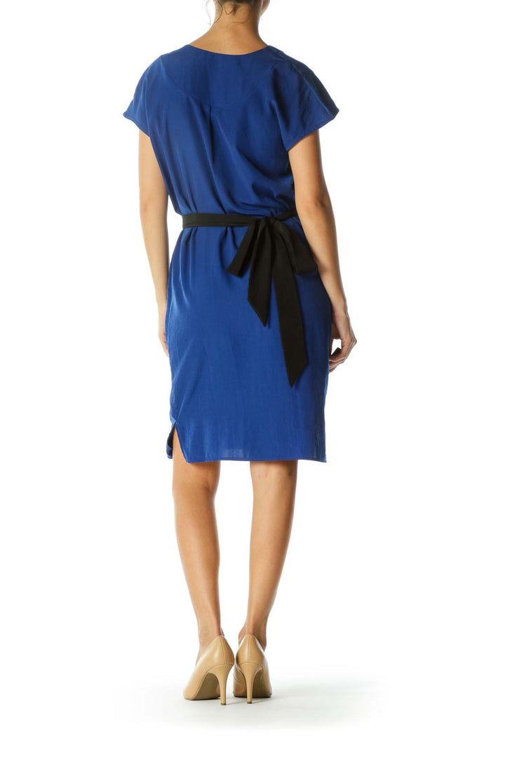 Blue Asymmetric Waist Tie Day Dress