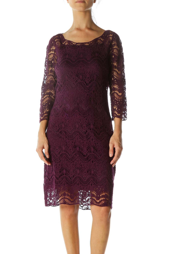 Purple Lace Cotton-Knit 3/4 Sleeve Knit Dress