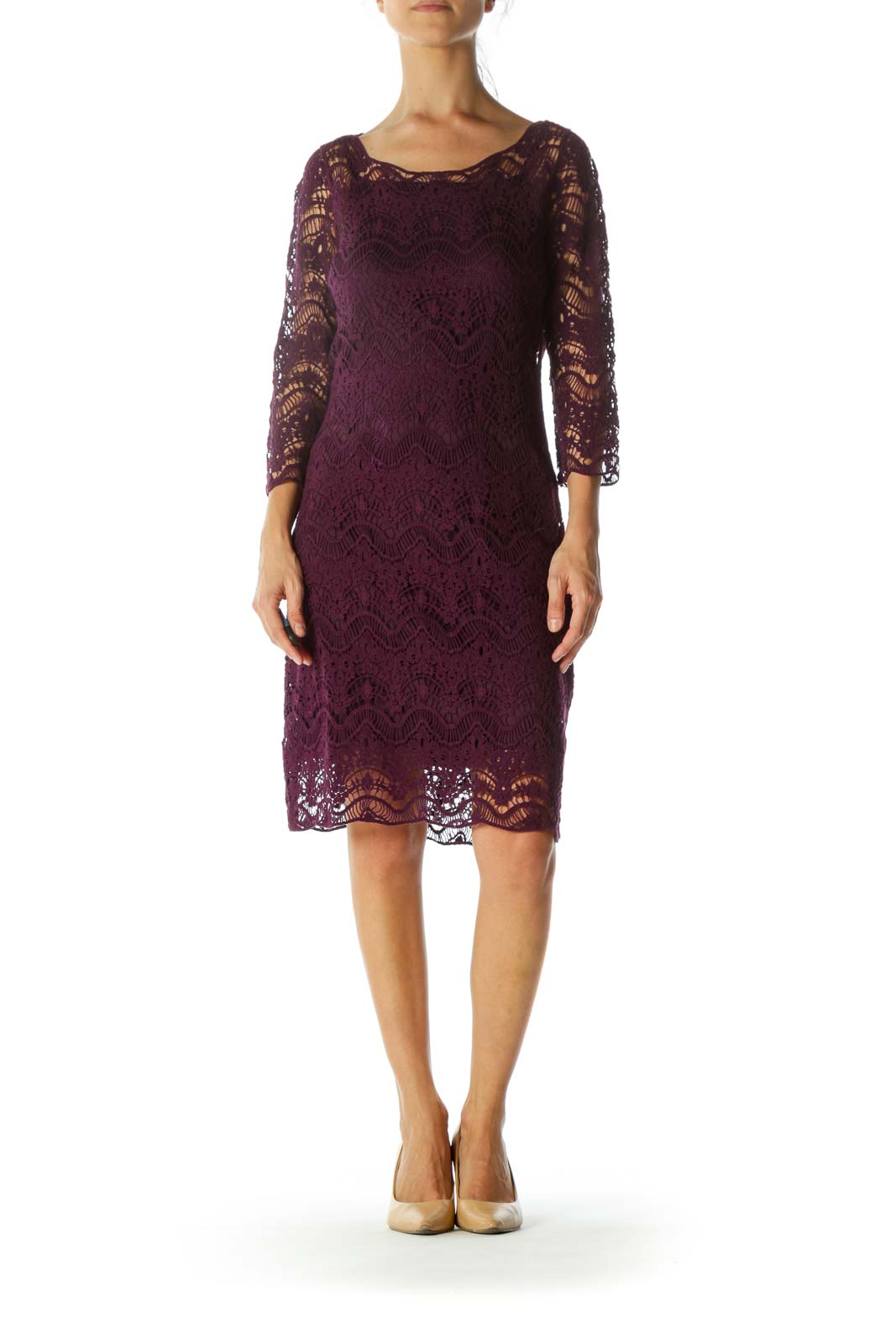 Purple Lace Cotton-Knit 3/4 Sleeve Knit Dress