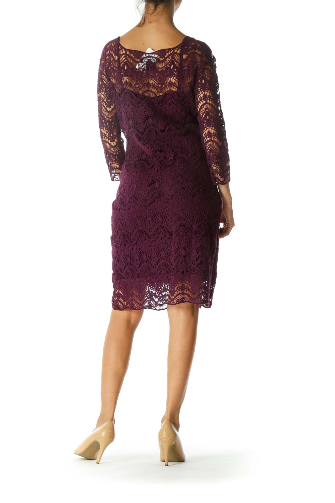 Purple Lace Cotton-Knit 3/4 Sleeve Knit Dress