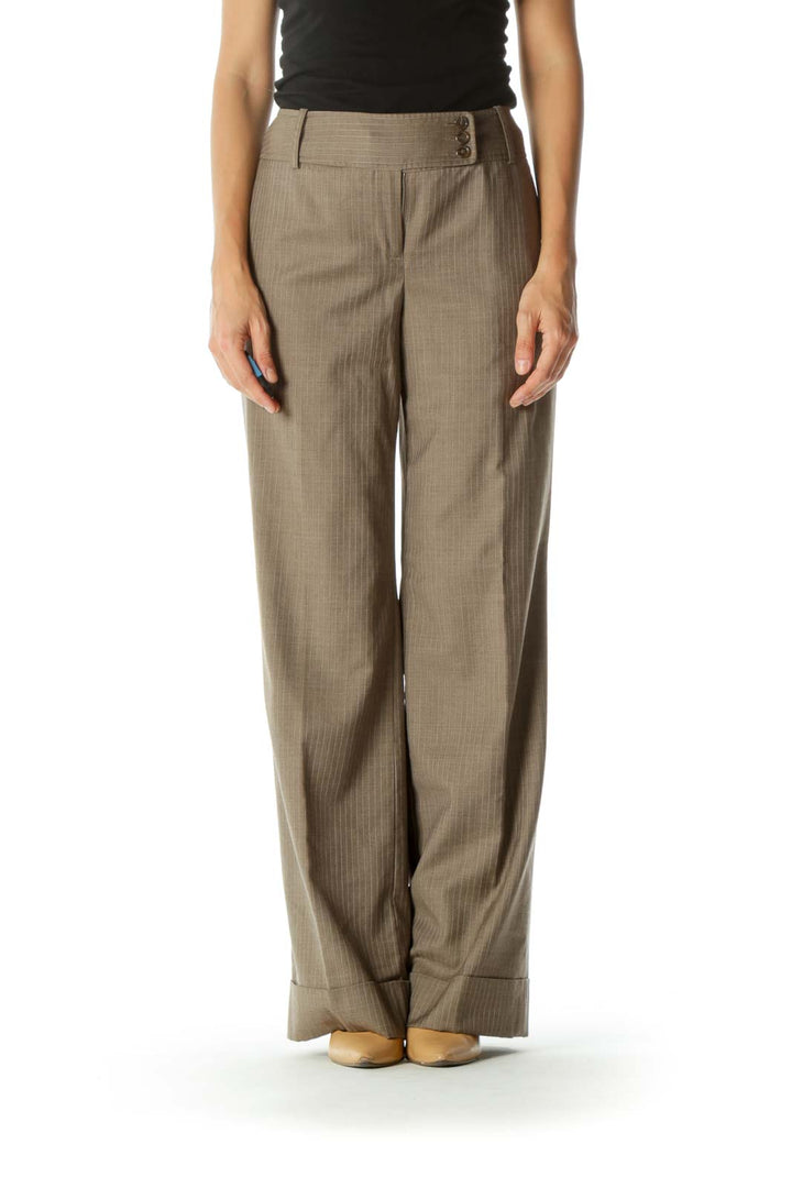 Brown Wool Silk Blend Striped Texture Draped Pants