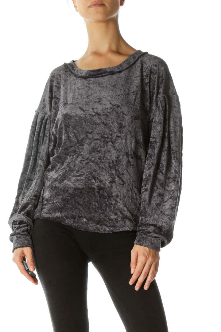 Gray Round Neck , Faux Velvet Sweatshirt