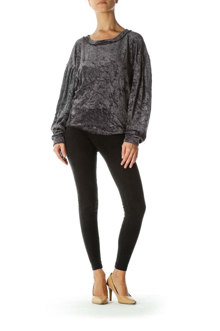 Gray Round Neck , Faux Velvet Sweatshirt