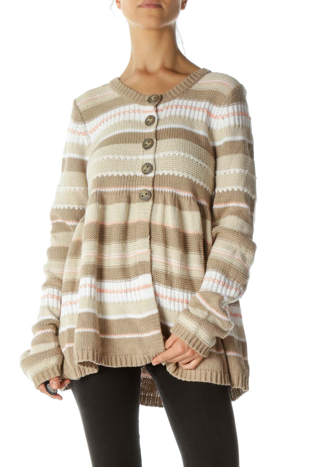 Front view of beige striped Free People cardigan with button-up front