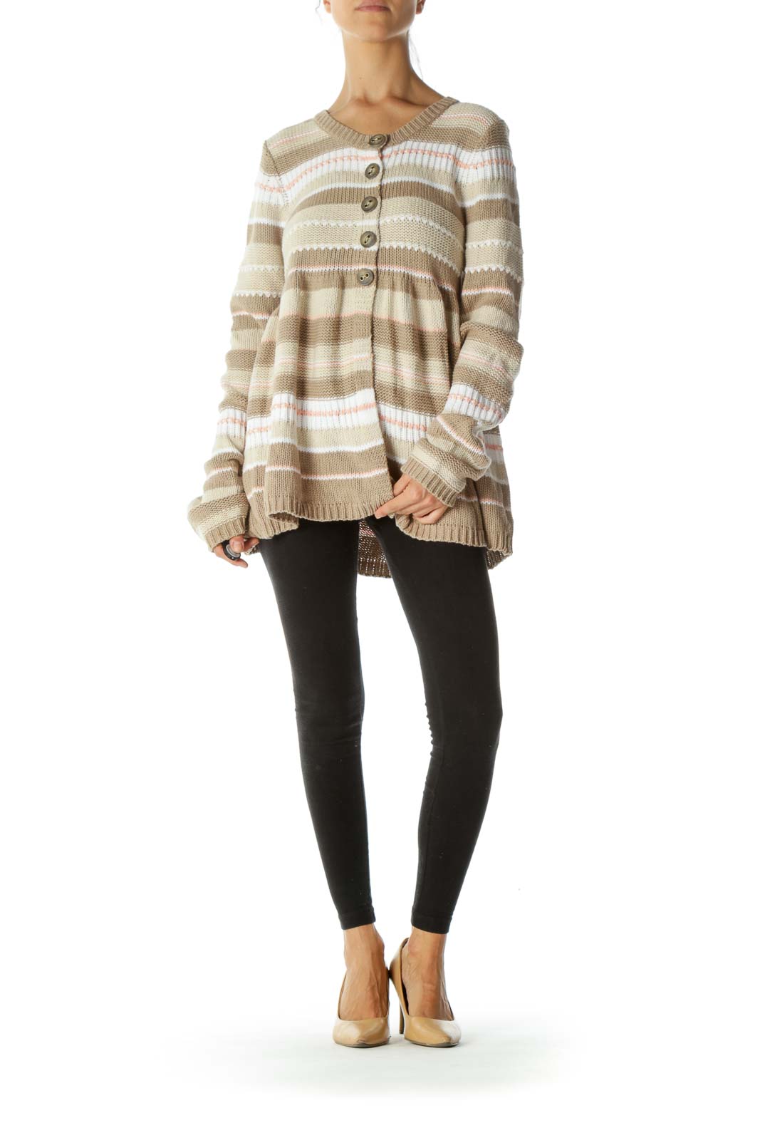 Front view of beige striped Free People cardigan with button-up front