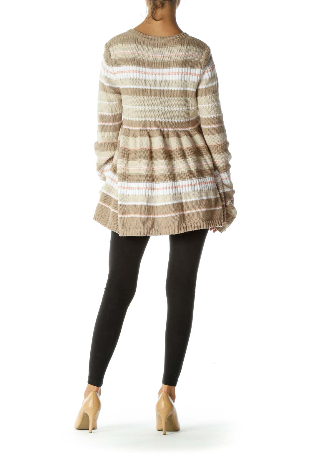 Back view of beige striped Free People cardigan showing flared silhouette