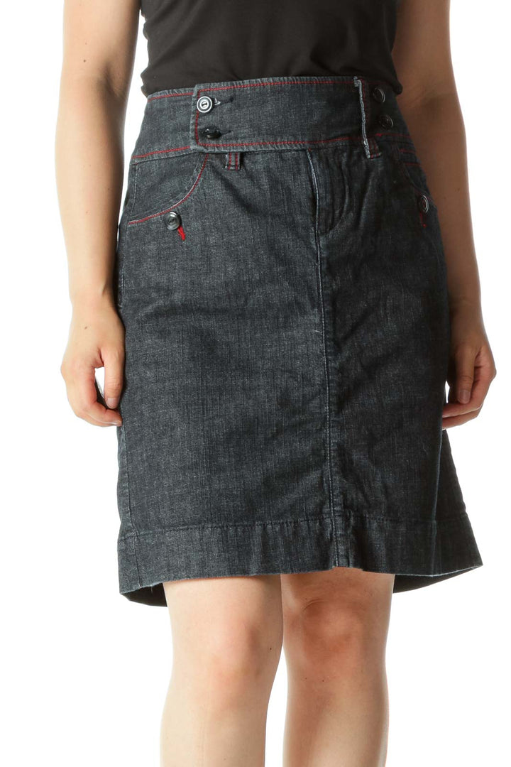 Blue Red Dark-Wash Buttons-Detail Stretch Denim Skirt