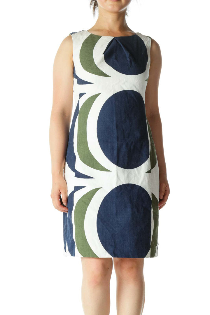 White Blue Green Cotton Blend Knit Textured Print Dress