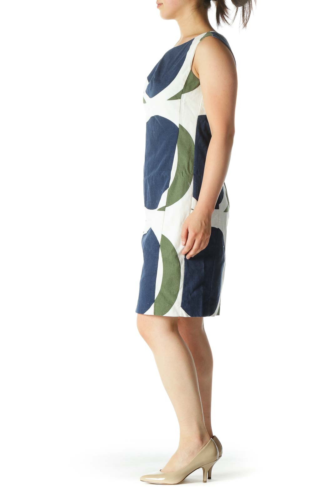 White Blue Green Cotton Blend Knit Textured Print Dress