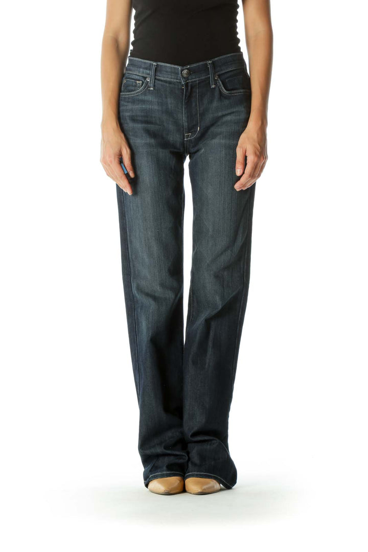 Blue Dark-Wash High-Rise Bootcut Stretch Denim Jeans