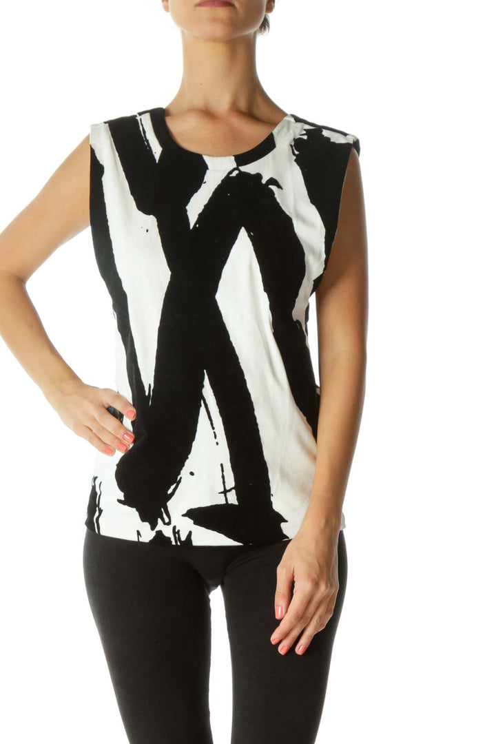 Black and White Open V-Neck Back Top with Raised Black-Velvet Design