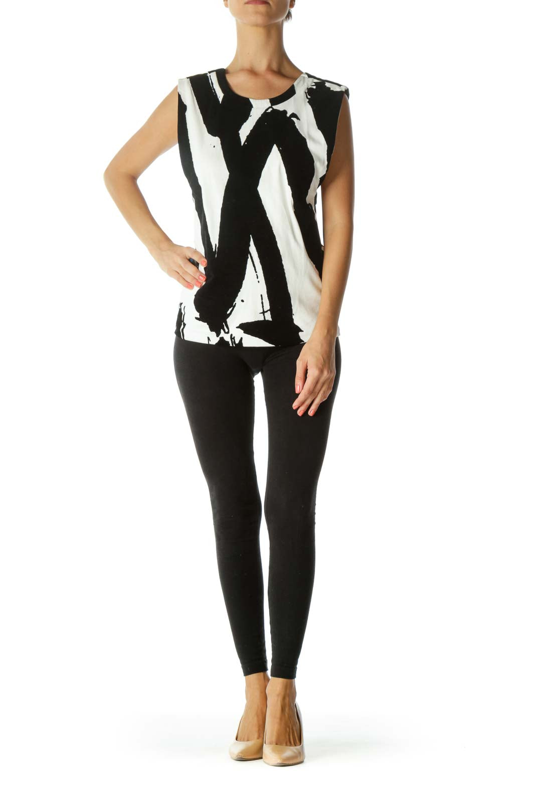 Black and White Open V-Neck Back Top with Raised Black-Velvet Design