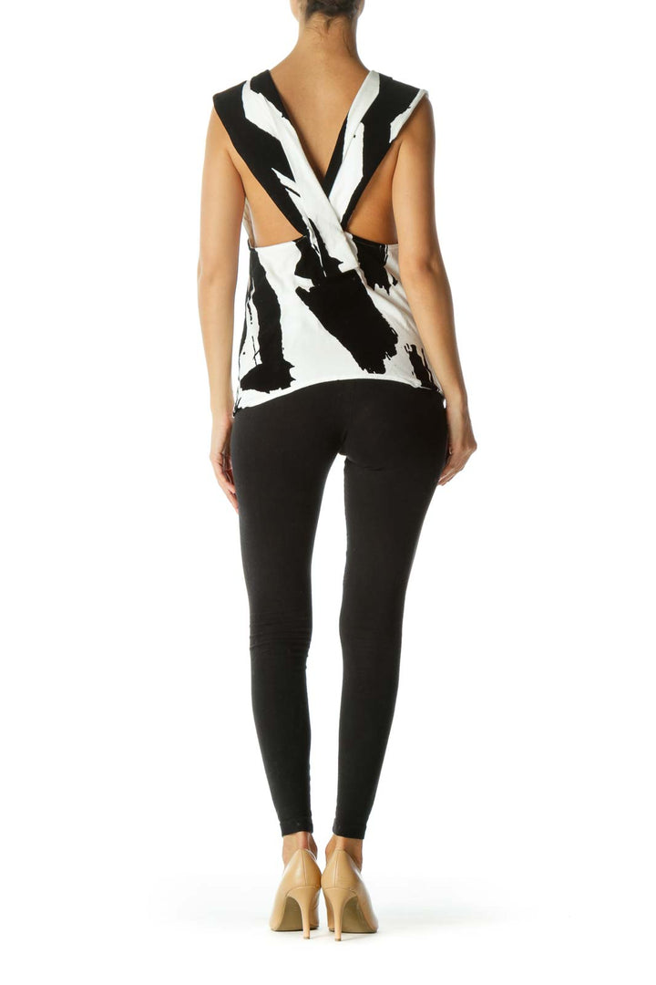 Black and White Open V-Neck Back Top with Raised Black-Velvet Design