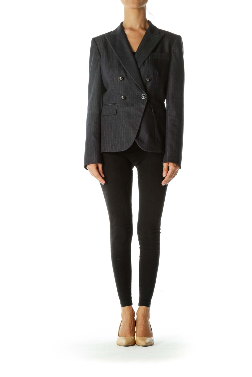 Navy Pinstripe Buttoned Blazer