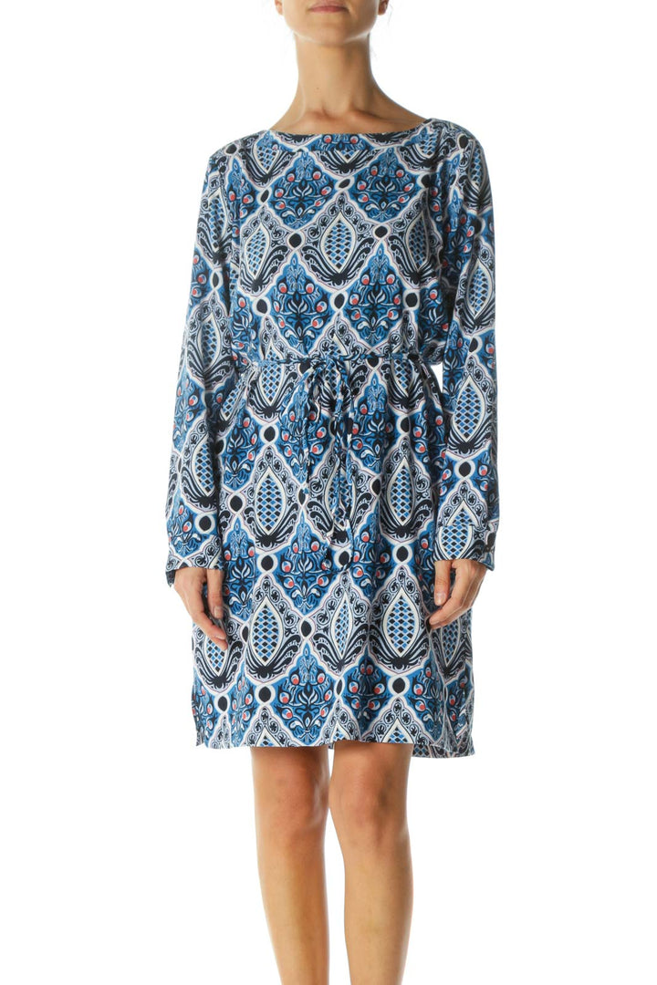 Blue White Red Printed Keyhole Long Sleeve Petite Day Dress