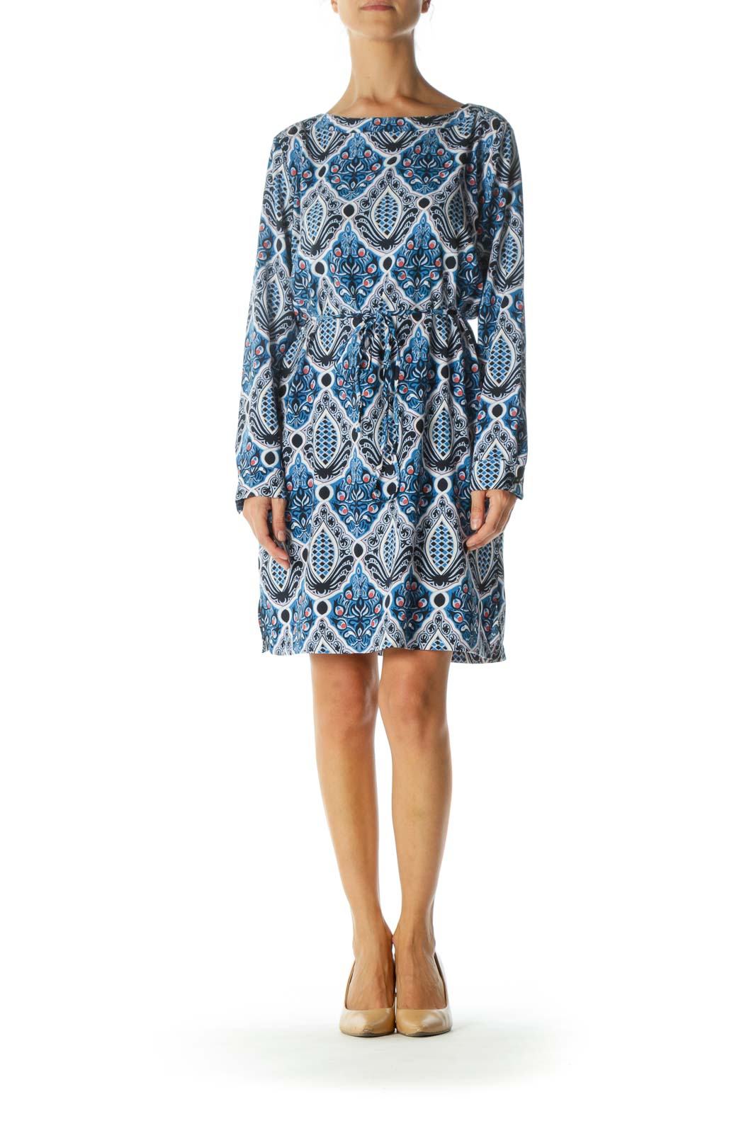 Blue White Red Printed Keyhole Long Sleeve Petite Day Dress