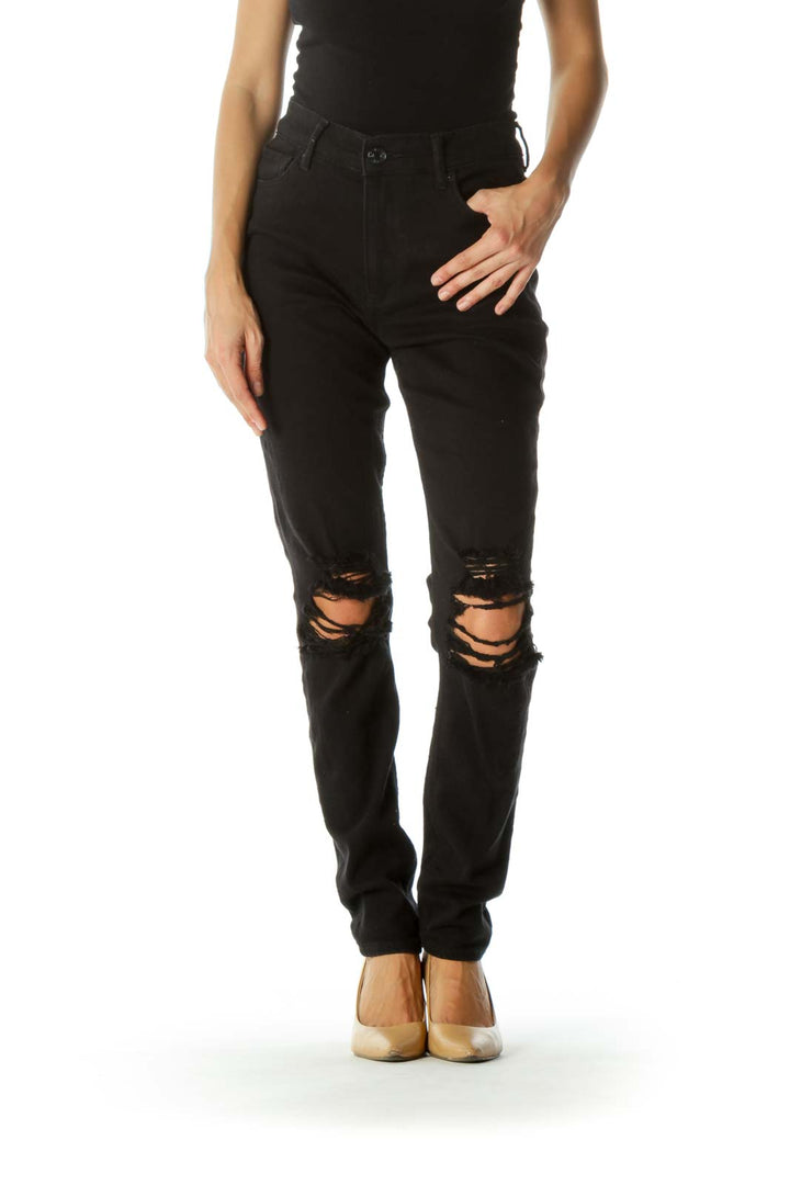 Black Distressed Legging High-Rise Pocketed Stretch Pants