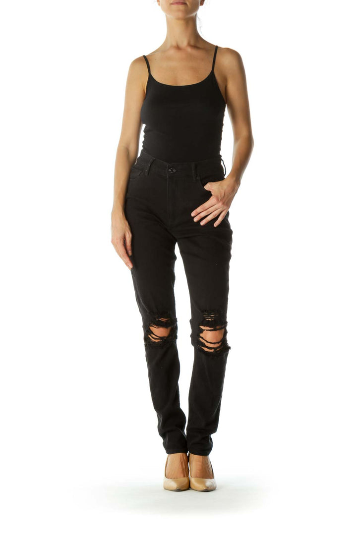 Black Distressed Legging High-Rise Pocketed Stretch Pants