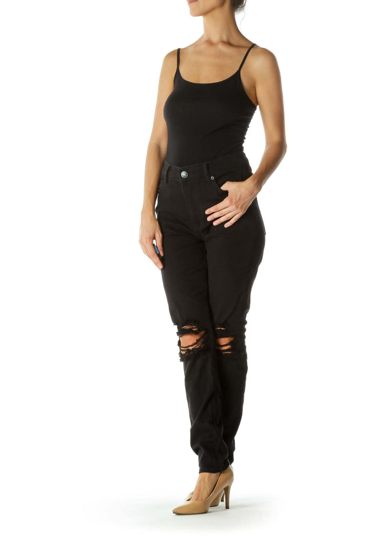 Black Distressed Legging High-Rise Pocketed Stretch Pants