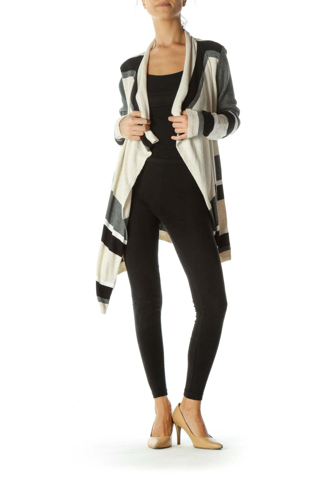 Beige Gray Black Striped Open Cardigan