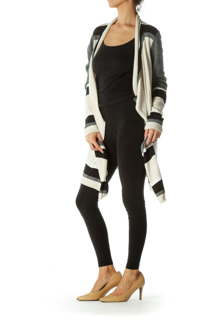 Beige Gray Black Striped Open Cardigan