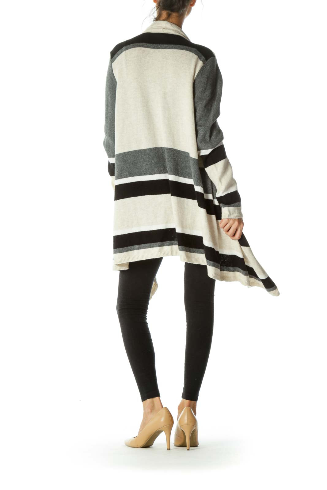 Beige Gray Black Striped Open Cardigan