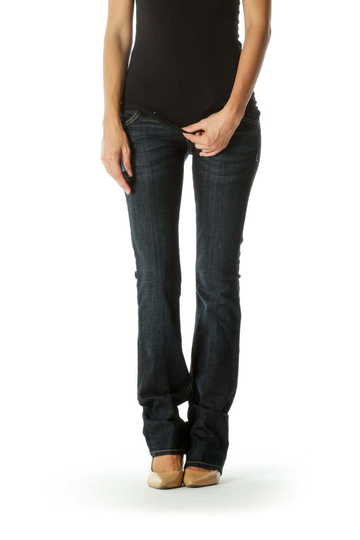 Blue Dark-Wash Straight-Leg Stretch Denim Jeans