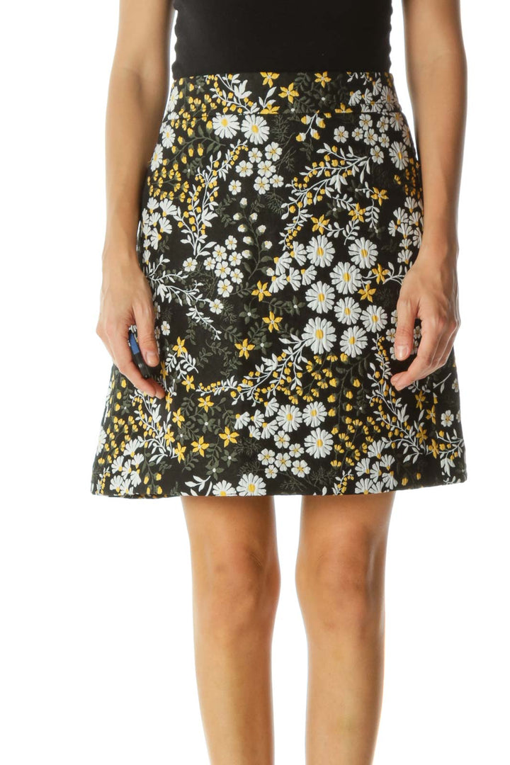 Black Yellow White Floral Jacquard Skirt