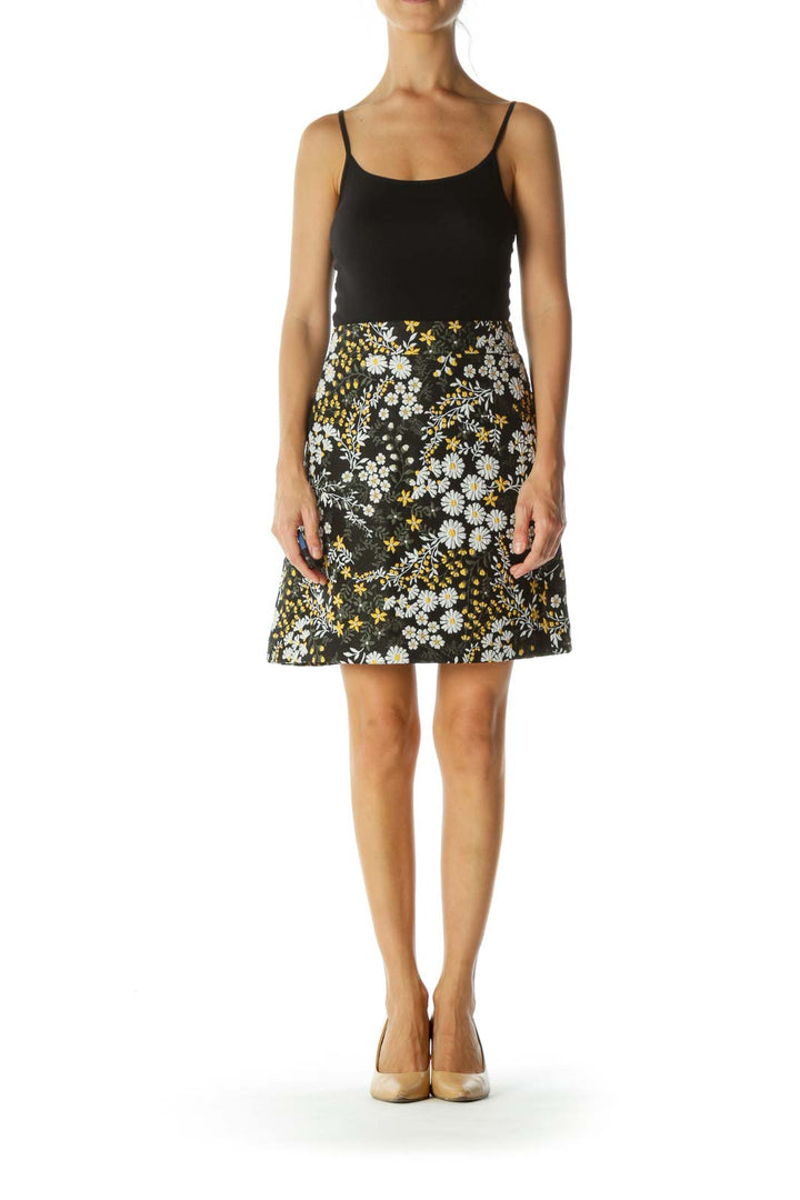 Black Yellow White Floral Jacquard Skirt