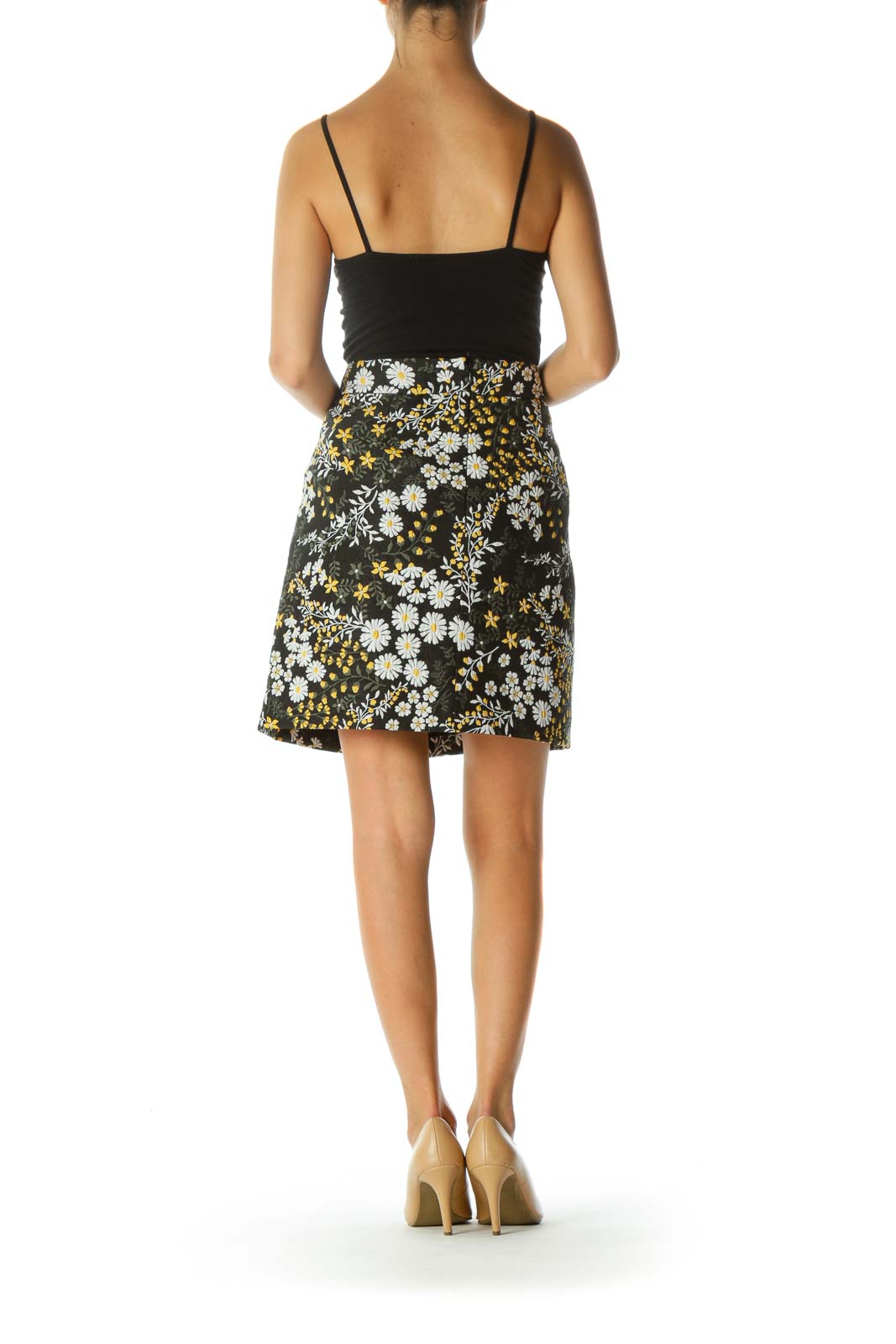 Black Yellow White Floral Jacquard Skirt