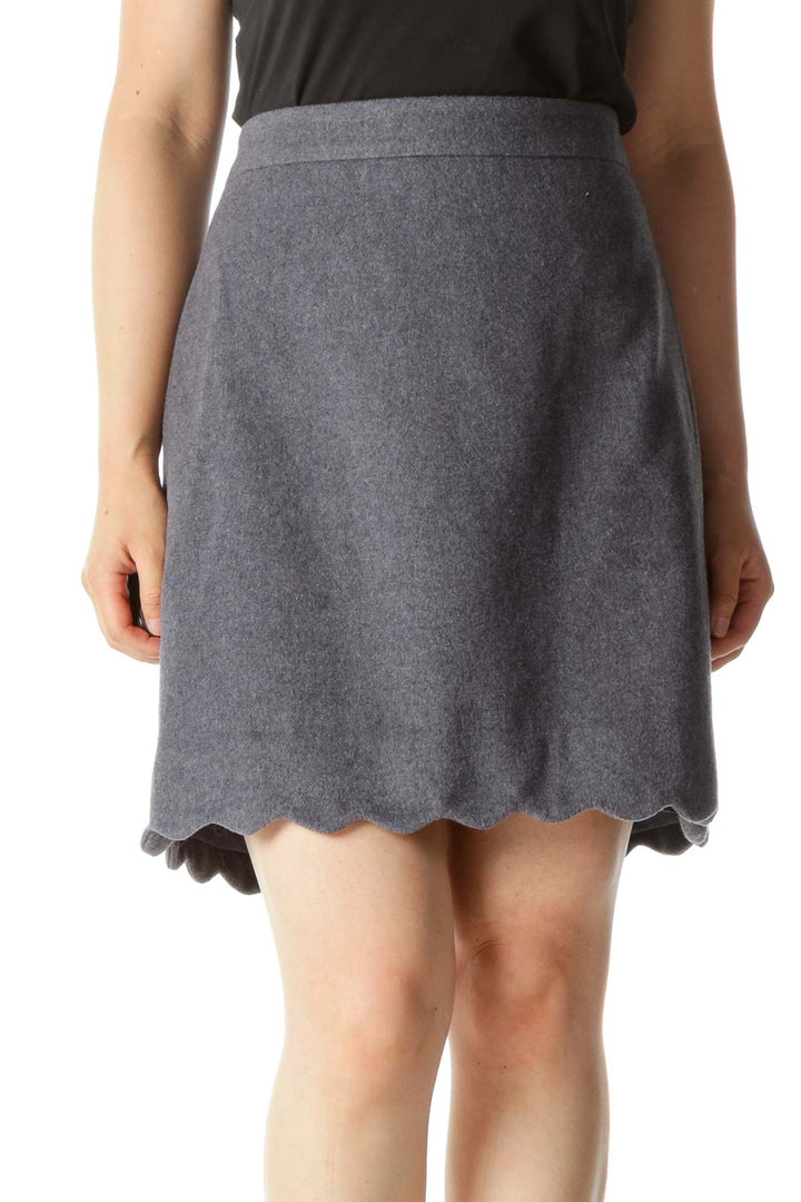 Gray Wool Blend Cinched Waist Scalloped Detail Skirt