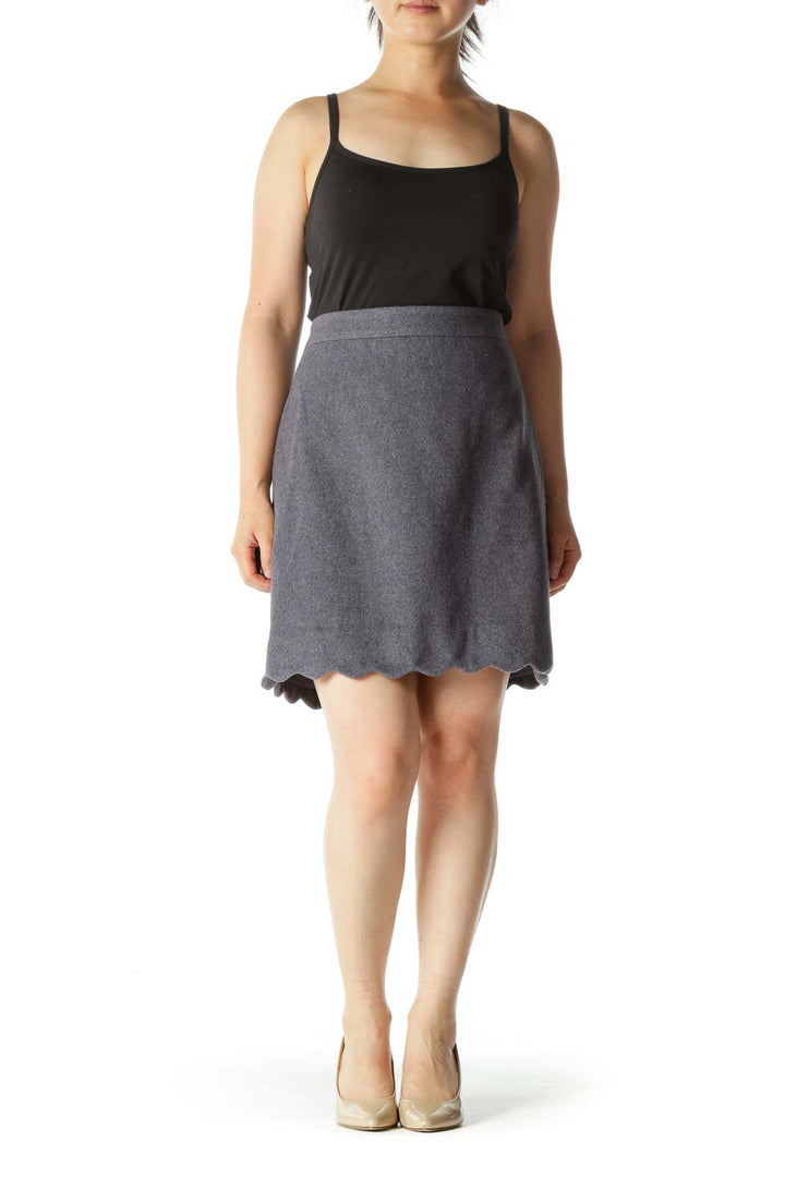 Gray Wool Blend Cinched Waist Scalloped Detail Skirt