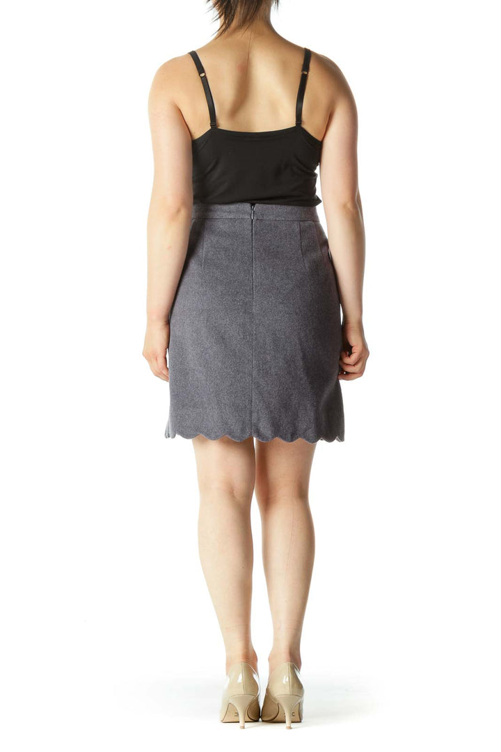 Gray Wool Blend Cinched Waist Scalloped Detail Skirt